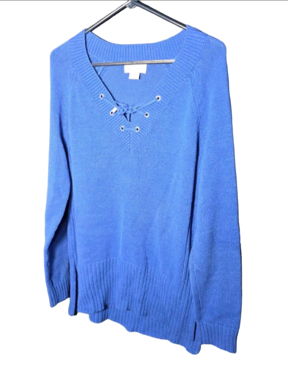 Women's Liz Claiborne Blue Lace-Up V-Neck Sweater Large soft chic classic fall